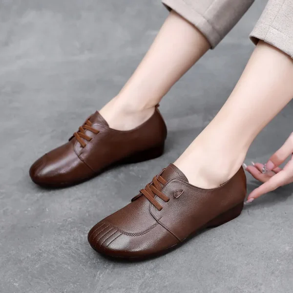 Womens Soft Leather Vintage Loafers Flats Wide Spring Fall Casual Lace-Up