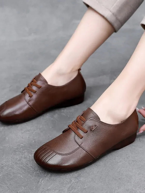 Womens Soft Leather Vintage Loafers Flats Wide Spring Fall Casual Lace-Up