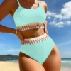 Womens High Waisted Ribbed Two Piece Bikini Trim Underwire Swimwear