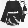 Womens 4-Piece Bikini Set Long Sleeve Tassel Cover-Up Sheer Skirt Solid Quick-Dry Swimwear