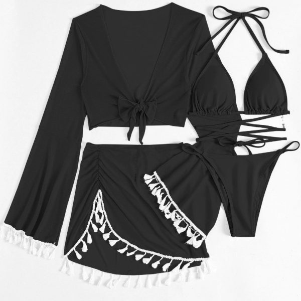 Womens 4-Piece Bikini Set Long Sleeve Tassel Cover-Up Sheer Skirt Solid Quick-Dry Swimwear