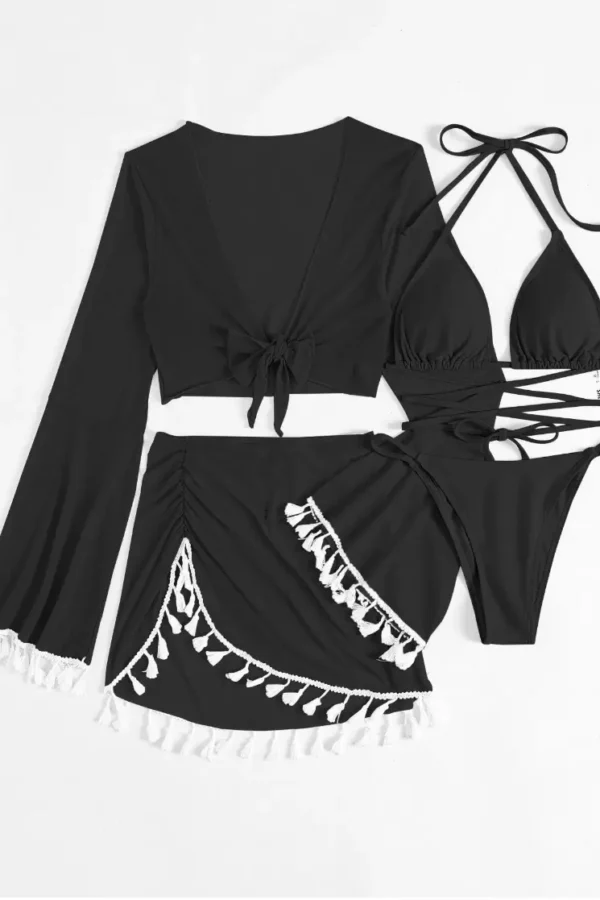 Womens 4-Piece Bikini Set Long Sleeve Tassel Cover-Up Sheer Skirt Solid Quick-Dry Swimwear