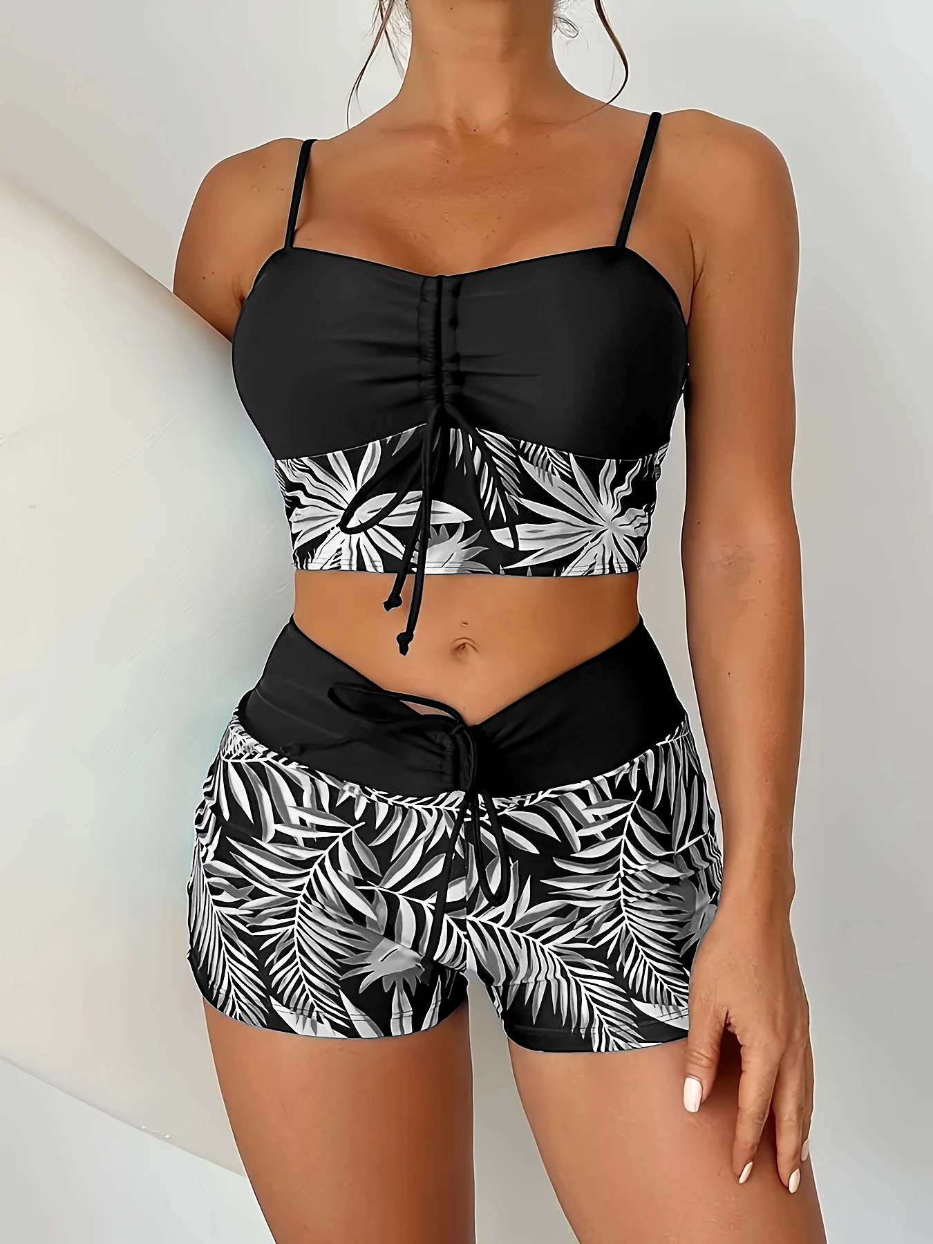 Women's Plus Size Two Piece High Waisted Boyleg Tie Front Printed Color Block Padded Swimsuit