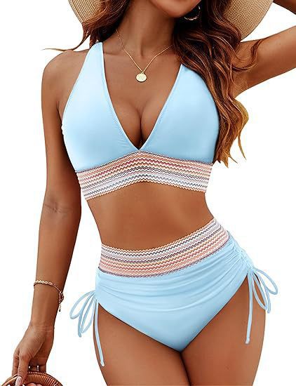 Womens High Waist Deep V Backless Bikini Solid Padded Quick Dry Stretchy
