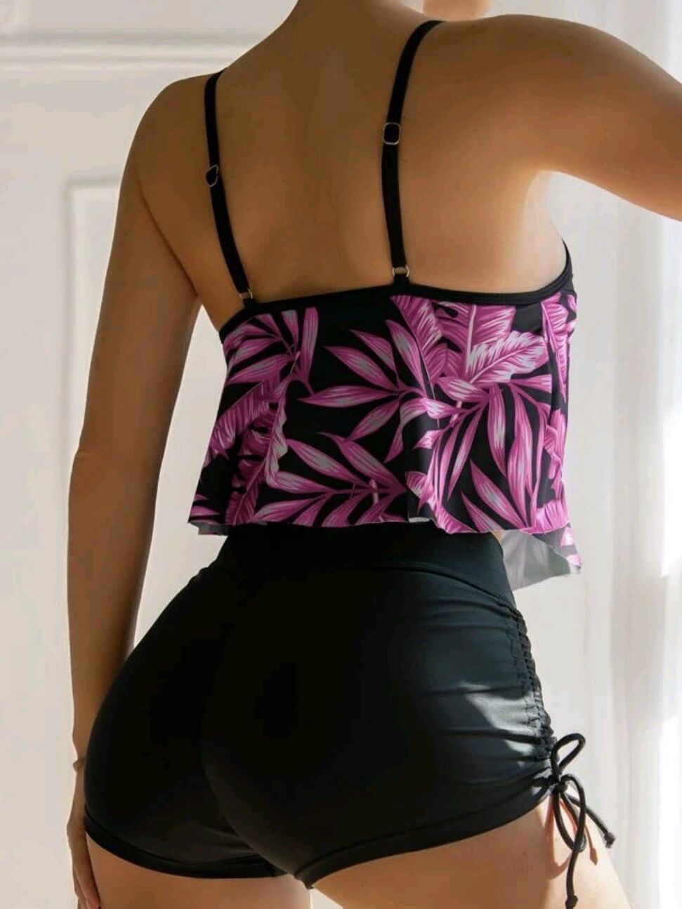 Womens Floral Print Bikini Ruffled Top Drawstring Boyshorts with Chest Pads