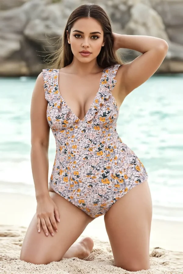Plus Size Women's Floral One Piece Swimsuit Deep V Ruffle Open Back Tie Padded No Underwire