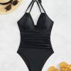 Womens Solid Halter Open Back Ruched Slimming One Piece Swimsuit