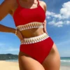Womens High Waisted Ribbed Two Piece Bikini Trim Underwire Swimwear