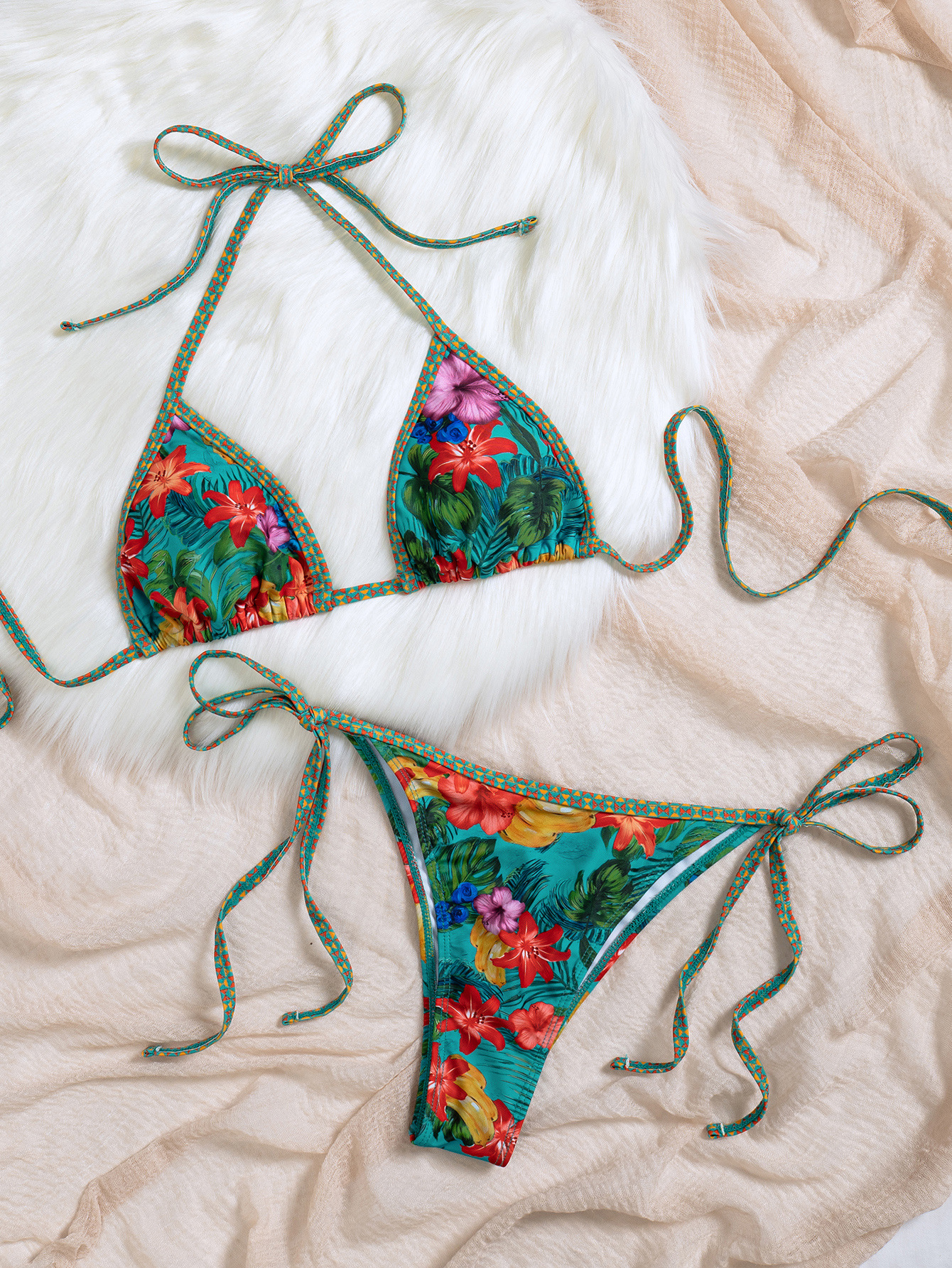 Womens Tropical Floral Tie Side Triangle Bikini With Padding