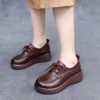 Womens Vintage British Leather Platform Loafers Lace Up Wide Chunky Heel
