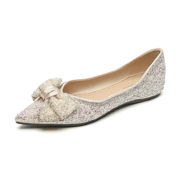 Womens Pointed Toe Rhinestone Bow Slip-On Flats Microfiber Wide Shoes