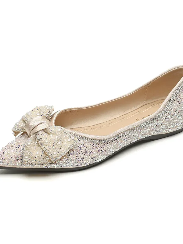 Womens Pointed Toe Rhinestone Bow Slip-On Flats Microfiber Wide Shoes