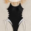 Womens Color Block One Piece Swimsuit Cutout Waist Crisscross Tie Padded