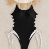 Womens Color Block One Piece Swimsuit Cutout Waist Crisscross Tie Padded