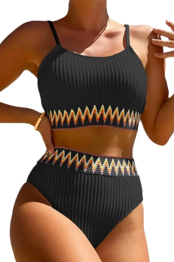 Womens High Waisted Ribbed Two Piece Bikini Trim Underwire Swimwear