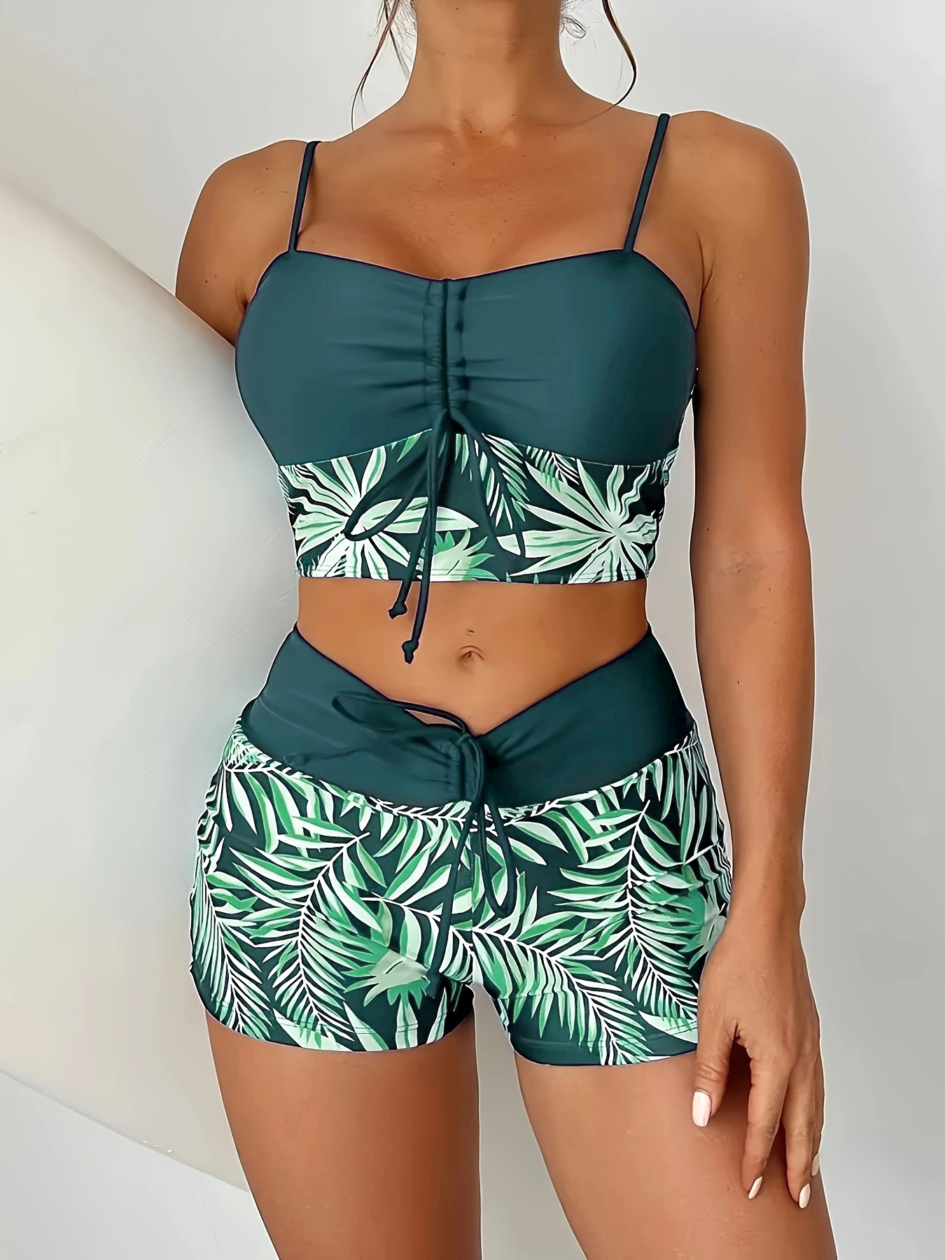 Women's Plus Size Two Piece High Waisted Boyleg Tie Front Printed Color Block Padded Swimsuit
