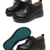 Womens Vintage British Leather Platform Loafers Lace Up Wide Chunky Heel