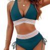 Womens High Waist Deep V Backless Bikini Solid Padded Quick Dry Stretchy