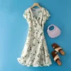 Womens Summer Floral Mulberry Silk Midi Dress V Neck Petal Sleeve High Waist A Line