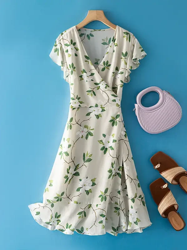 Womens Summer Floral Mulberry Silk Midi Dress V Neck Petal Sleeve High Waist A Line