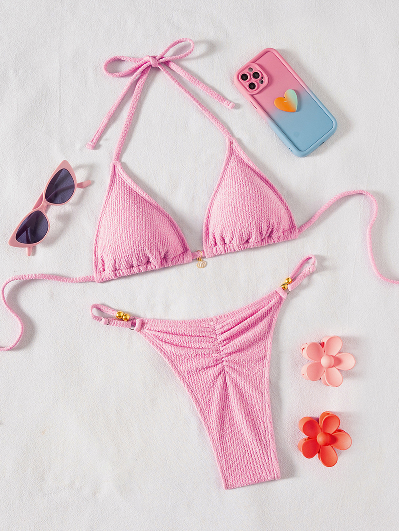 Womens Solid Strappy Ruched Sexy Two Piece Bikini Swimwear Padded