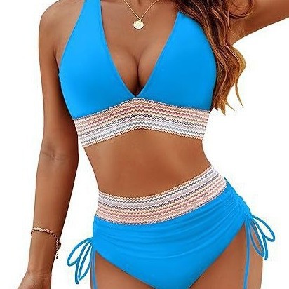 Womens High Waist Deep V Backless Bikini Solid Padded Quick Dry Stretchy