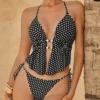 Retro Polka Dot Sexy Two Piece Long Top Tie Side Padded Swimsuit