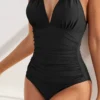 Womens Solid Halter Open Back Ruched Slimming One Piece Swimsuit