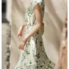 Womens Summer Floral Mulberry Silk Midi Dress V Neck Petal Sleeve High Waist A Line