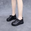 Womens Vintage British Leather Platform Loafers Lace Up Wide Chunky Heel
