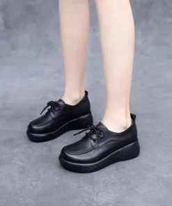 Womens Vintage British Leather Platform Loafers Lace Up Wide Chunky Heel