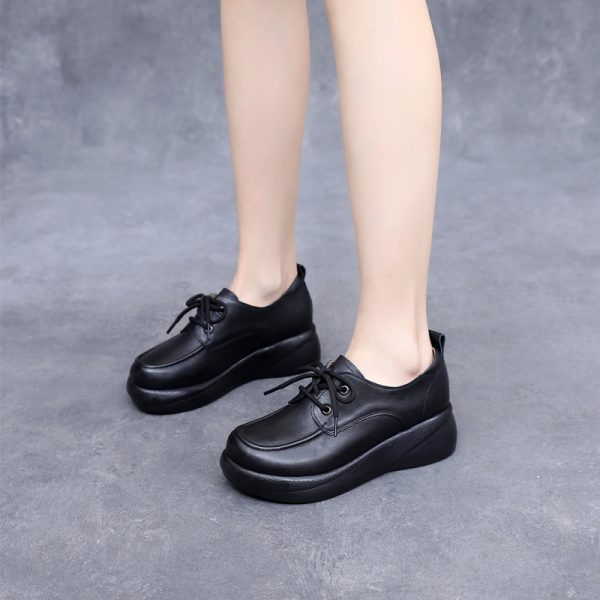 Womens Vintage British Leather Platform Loafers Lace Up Wide Chunky Heel