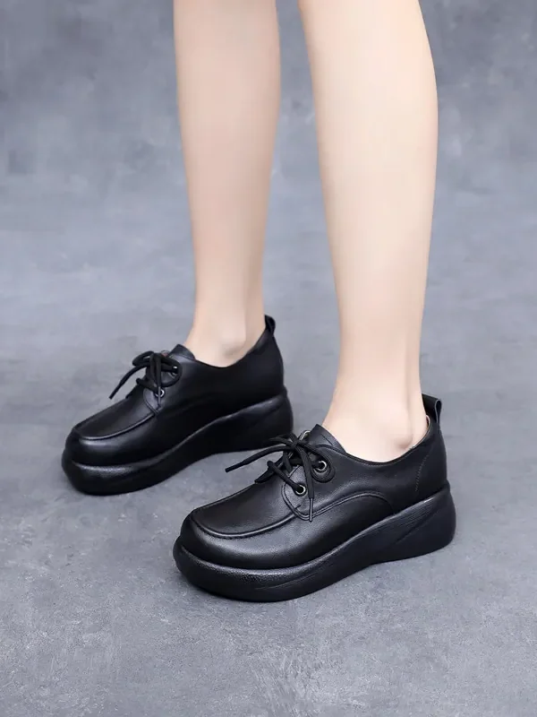 Womens Vintage British Leather Platform Loafers Lace Up Wide Chunky Heel
