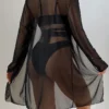 Women's Sheer Mesh Cover Up Bikini Set Sexy Quick Dry High Elastic Long Sleeve