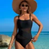 Womens Mesh One Piece Modest Swimsuit Solid Nylon Bust Pad No Underwire