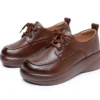 Womens Vintage British Leather Platform Loafers Lace Up Wide Chunky Heel