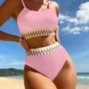 Womens High Waisted Ribbed Two Piece Bikini Trim Underwire Swimwear