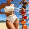 Womens High Waisted Ribbed Two Piece Bikini Trim Underwire Swimwear