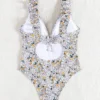 Plus Size Women's Floral One Piece Swimsuit Deep V Ruffle Open Back Tie Padded No Underwire