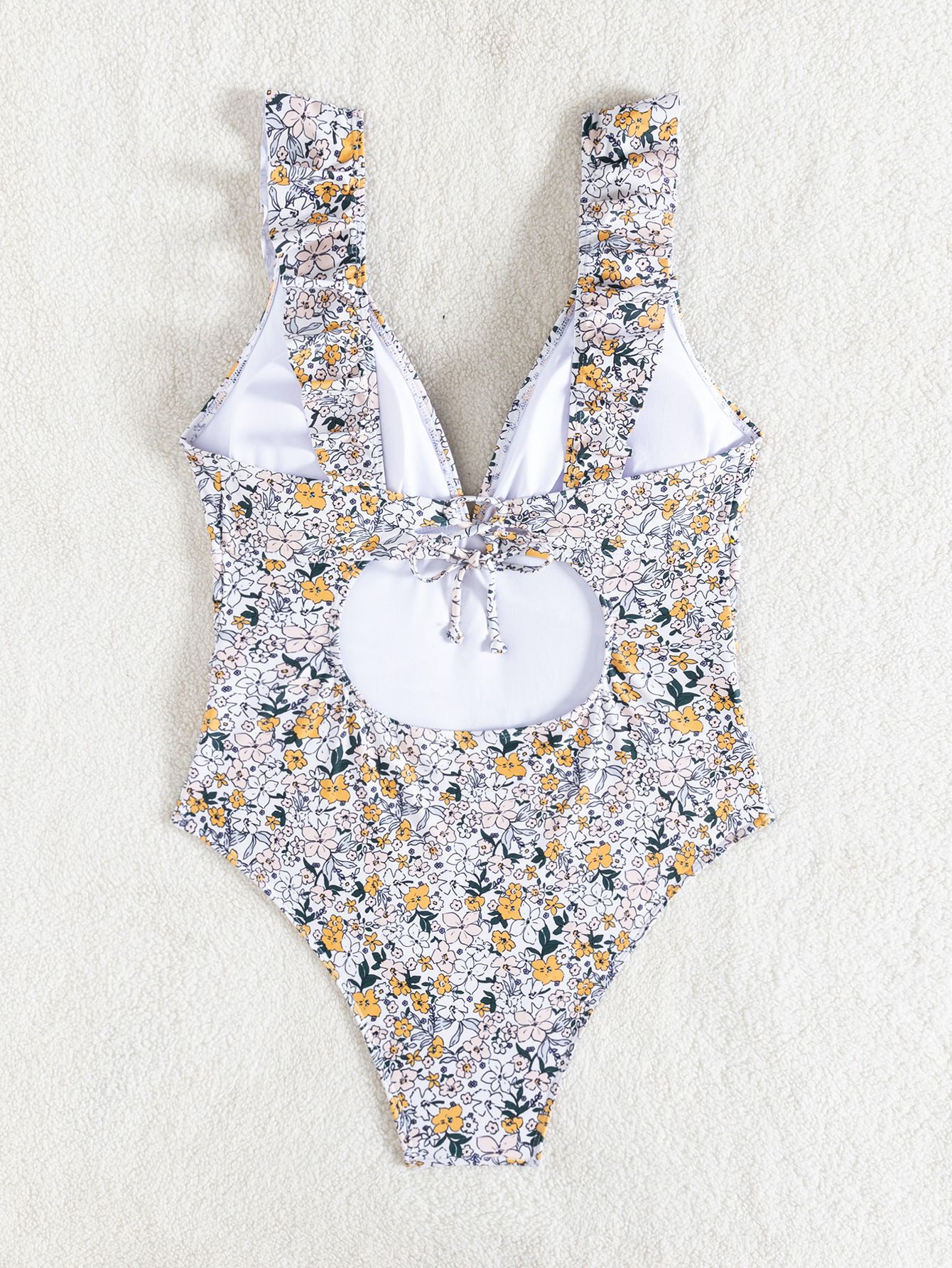 Plus Size Women's Floral One Piece Swimsuit Deep V Ruffle Open Back Tie Padded No Underwire