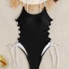 Womens Color Block One Piece Swimsuit Cutout Waist Crisscross Tie Padded