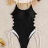 Womens Color Block One Piece Swimsuit Cutout Waist Crisscross Tie Padded