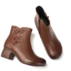 Womens Vintage Embroidered Leather Chunky Heel Round Toe Booties
