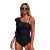 Womens One Shoulder Solid One Piece Swimsuit Nylon Quick Dry High Elastic Padded