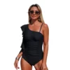 Womens One Shoulder Solid One Piece Swimsuit Nylon Quick Dry High Elastic Padded