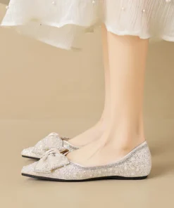Womens Pointed Toe Rhinestone Bow Slip-On Flats Microfiber Wide Shoes