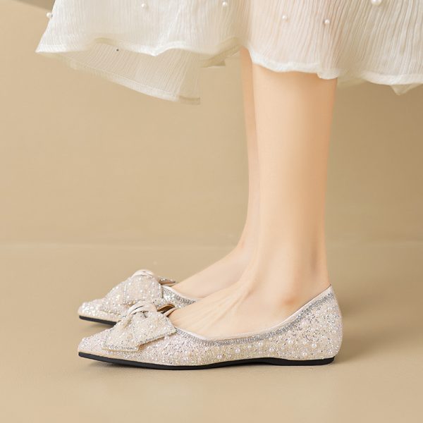 Womens Pointed Toe Rhinestone Bow Slip-On Flats Microfiber Wide Shoes