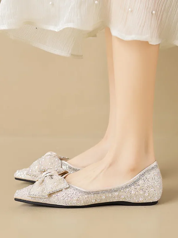 Womens Pointed Toe Rhinestone Bow Slip-On Flats Microfiber Wide Shoes