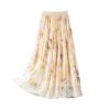 Summer Beige Floral Silk Midi Skirt Elastic Waist Flowy Elegant