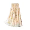 Summer Beige Floral Silk Midi Skirt Elastic Waist Flowy Elegant